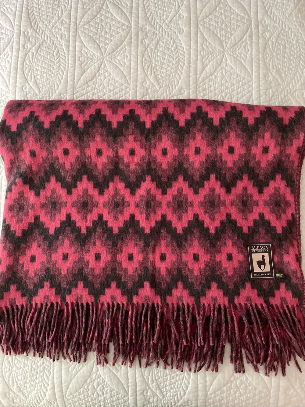 Superfine Alpaca Wool Pink and Black Geometric Fringed Sofa Bed Throw Blanket